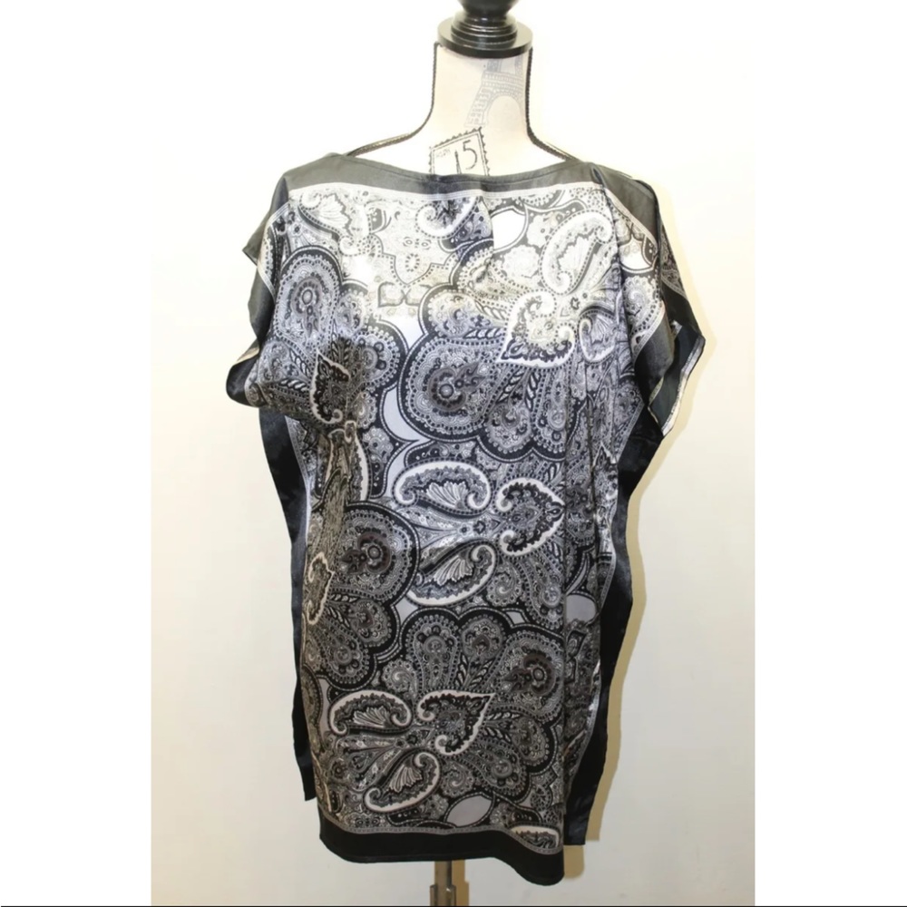 Echo Bandana Scarf Blouse Sz 36 Paisley Black Gray Faux Silk Women Shiny